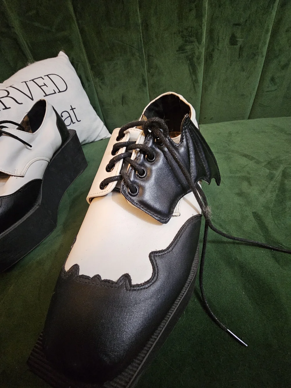 Iron Fist Black & White Platform Wingtip Oxfords with Bat Wing Detail